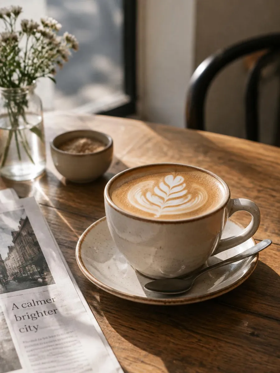 A flat white on a timber cafe table