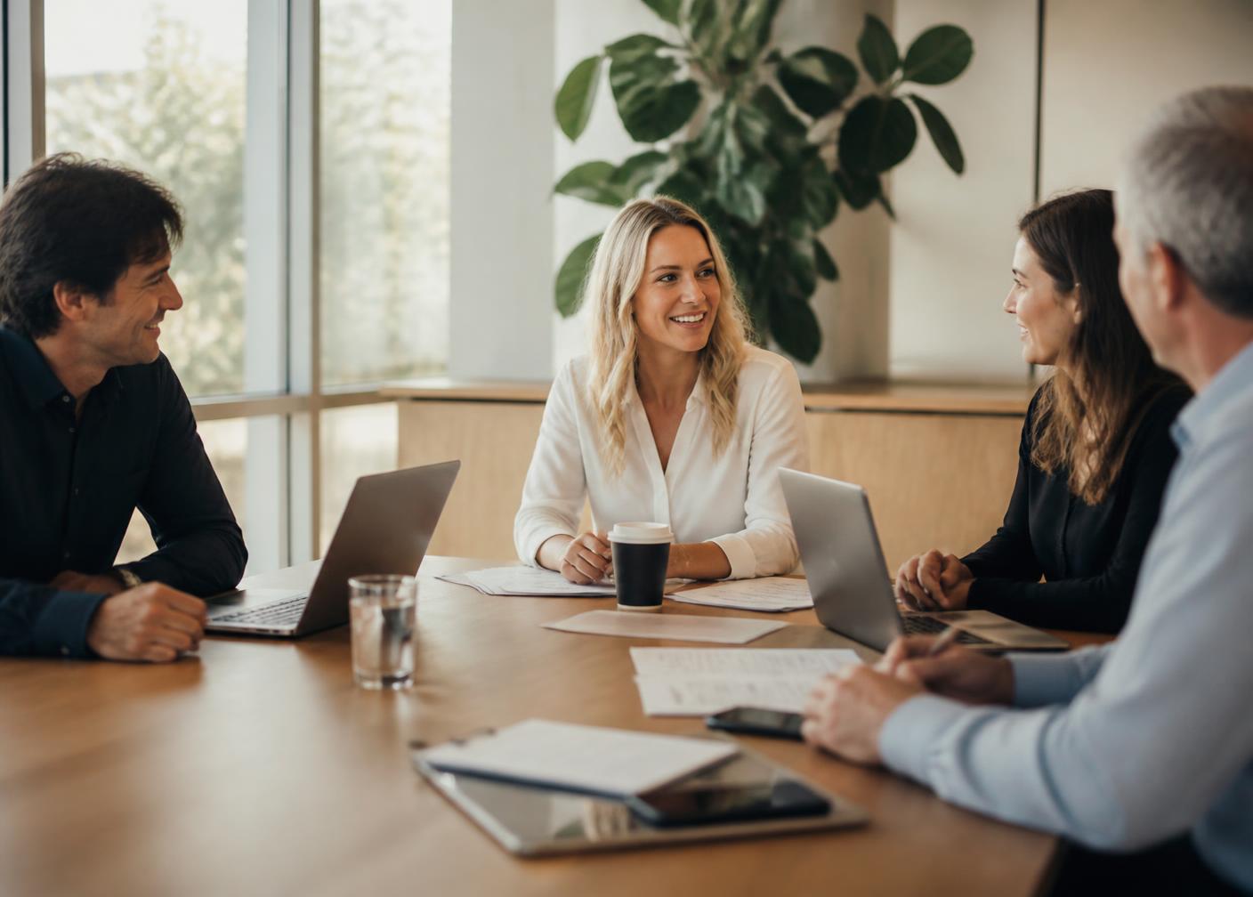 A business meeting around a timber table in a light-filled office